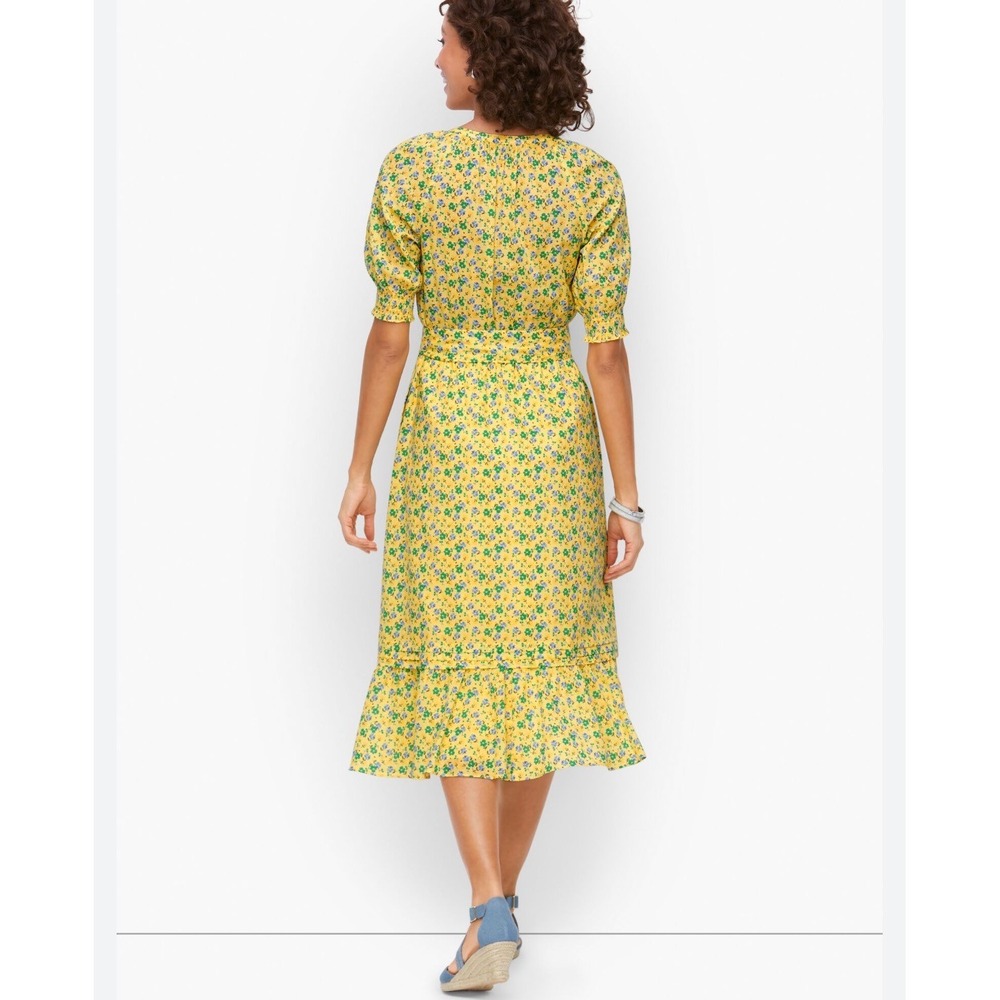 Talbots Yellow Floral Midi Dress Womens‎ Large Short Puff Sleeve Elastic Waist L